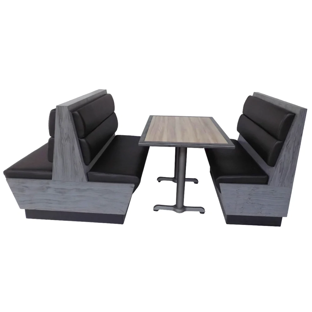 torino gris armado con mesa 2 1 El Booth para Restaurante Torino-1 con su combinación de madera natural y tapizados, lo hace llamar poderosamente la atención. Dándole una gran vista a su negocio o restaurante. Se fabrica en Vinipiel, Tela o combinados, con Estructura de Madera Sólida y todo en colores a elección. Normalmente se fabrican Dobles para 4 Personas e individuales para 2. La altura de 1.10 mts le permite a sus comensales tener una mayor privacidad comparada con la medida standard del mercado de 90 cms. *También, se pueden fabricar en diferentes Medidas y Configuraciones.  Regresar a Gabinetes y Booths para Restaurante  