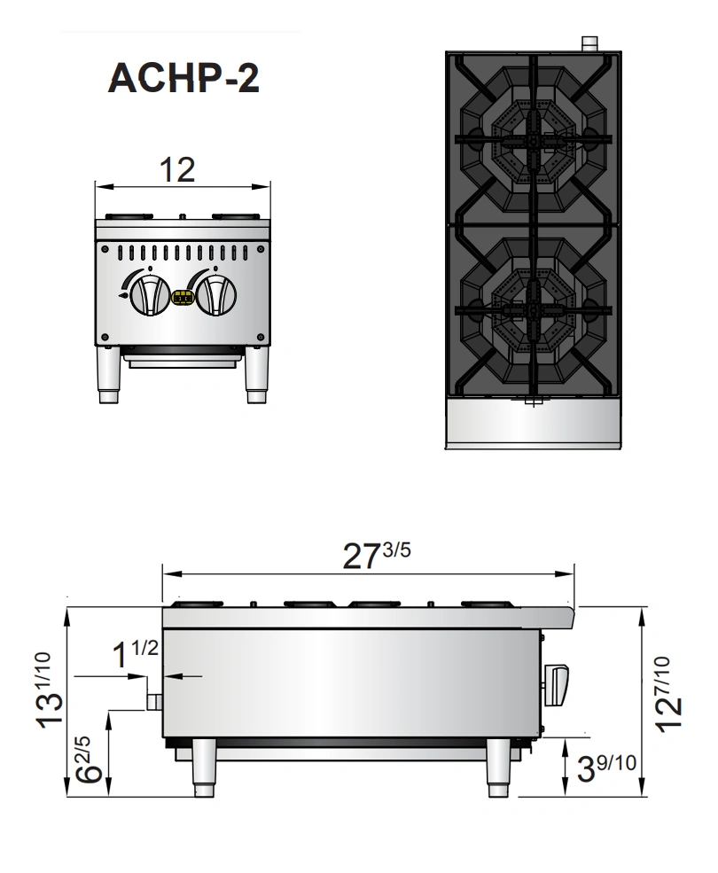 ACHP 2 diagrama Parrilla ACHP-2. Fabricada en Acero Inoxidable. A Gas con 2 Quemadores Octagonales de 32,000 BTU y 1 Parrilla Superior en Hierro fundido Parrilla a gas, con 2 quemadores de 32,000 BTU/hr. Rejillas superiores de hierro fundido de alta resistencia 1 charola para recolección de escurrimientos y migas. Medidas exteriores totales: Frente: 0.30 m Fondo: 0.70 m Alto: 0.33 m   Regresar a Parrillas    