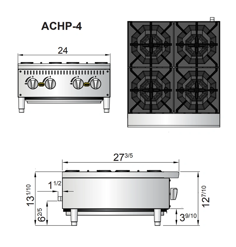 ACHP 4 diagrama Parrilla ACHP-4 de Atosa. Fabricada en Acero Inoxidable. A Gas con 4 Quemadores Octagonales de 32,000 BTU y 1 Parrilla Superior en Hierro fundido Parrilla a gas, con 4 quemadores de 32,000 BTU/hr. Rejillas superiores de hierro fundido de alta resistencia 1 charola para recolección de escurrimientos y migas. Medidas exteriores totales: Frente: 0.60 m Fondo: 0.70 m Alto: 0.33 m   Regresar a Parrillas    