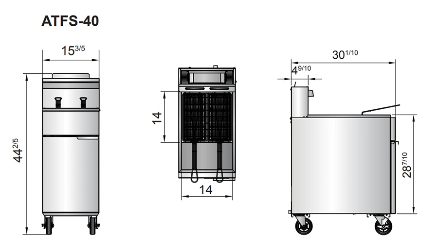 ATFS 40 diagrama La freidora ATFS-40 a Gas de Atosa, fabricada en acero inoxidable con capacidad de 18 litros. Exterior e Interior de acero inoxidable Quemadores de alta resistencia con llama permanente y pilotos de espera 2 canastillas niqueladas Capacidad de 18 litros de aceite 3 Quemadores de 34,000 BTU/H Disponible en gas natural y propano Dimensiones: 0.38 x 0.76 x 1.11 m (Frente x Fondo x Alto). Regresar a Freidoras