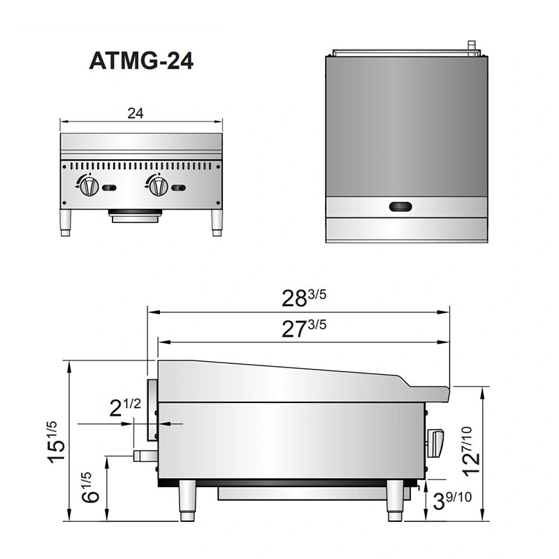 ATMG 24 diagrama Plancha ATMG-24 de Atosa. Fabricada en Acero Inoxidable tipo. Con Plancha de Acero Pulido y 2 Quemadores de 30,000 B.T.U. con pilotos de reserva. Placa de 3/4" de espesor, área útil: frente: 0.70 m, fondo: 0.60 m 1 charola de acero inoxidable para recolección de grasa. Medidas exteriores totales: Frente: 0.60 m Alto: 0.38 m Fondo: 0.70 m     Regresar a Planchas