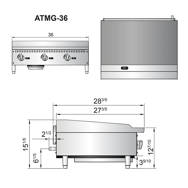 ATMG 36 diagrama Plancha ATMG-36 de Atosa. Fabricada en Acero Inoxidable tipo. Con Plancha de Acero Pulido y 3 Quemadores de 30,000 B.T.U. con pilotos de reserva. Placa de 3/4" de espesor, área útil: frente: 0.91 m, fondo: 0.70 m 1 charola de acero inoxidable para recolección de grasa. Medidas exteriores totales: Frente: 0.91 m Alto: 0.38 m Fondo: 0.71 m     Regresar a Planchas