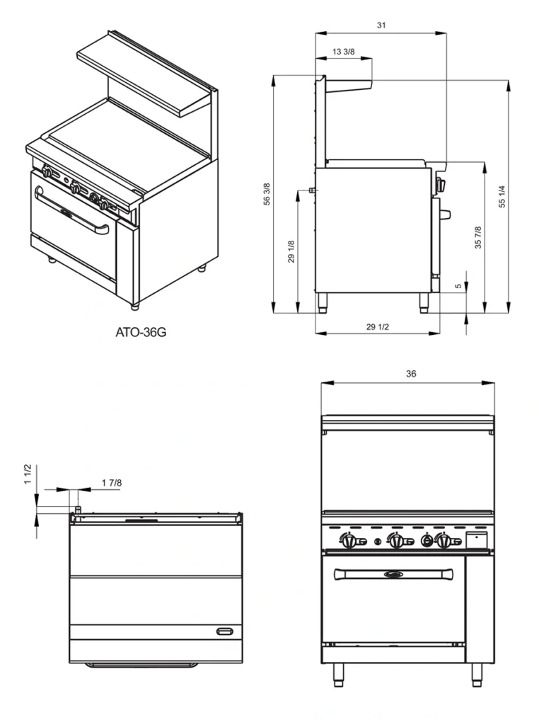 ATO 36G dimensiones Plancha tipo Estufa a Gas ATO-36G. La Mejor inversión para su negocio, Fabricada Totalmente en lámina de Acero Inoxidable tipo 430 y respaldo posterior en lamina de Aluminio. Cuenta con su plancha de extremo a extremo. Con su Horno integrado puede hornear de todo, pan, pasteles, aves, pescados, carnes, etc. Dos quemadores tipo "U" de  25,000 BTU/h, y un quemador tipo "flauta" de  21,000 BTU/h Charola para escurrimientos Plancha de extremo a extremo de 3/4" de espesor y medidas de 0.90 x .050 m Regresar a Estufas Industriales y Comerciales