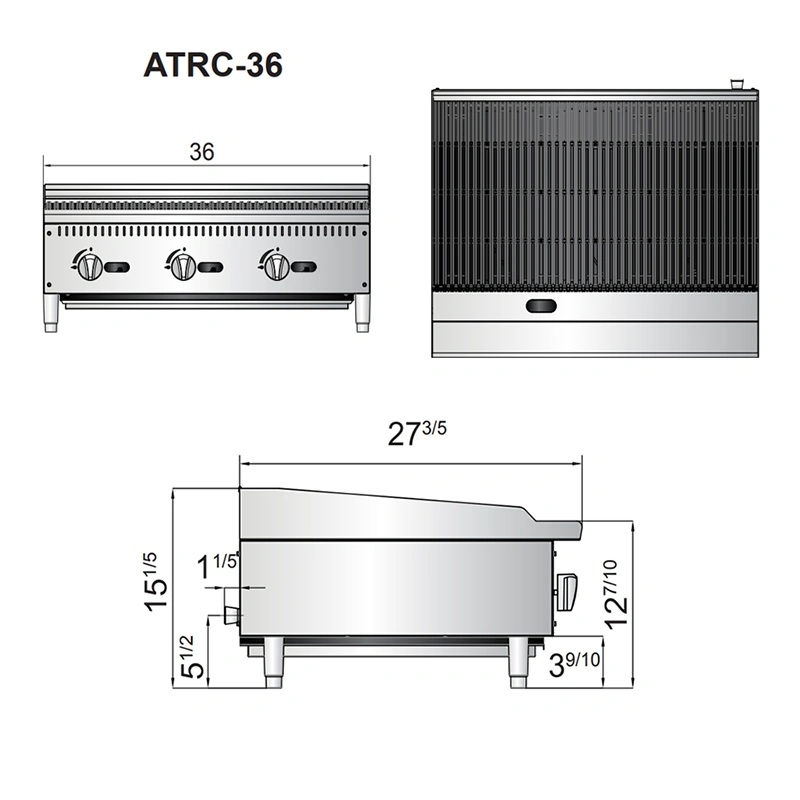 ATRC 36 diagrama Asador Industrial ATRC-36 de Atosa. Fabricado en Acero inoxidable tipo 430, A Gas, con 3 parrillas reversibles y 3 secciones de 12". Quemadores de acero inoxidable de 35,000 B.T.U. con piloto de espera. 1 charola para recolección de grasa y limpieza fácil. Medidas exteriores totales: Frente: 0.91 m Alto: 0.38 m. Fondo: 0.68 m Regresar a Asadores Industriales  