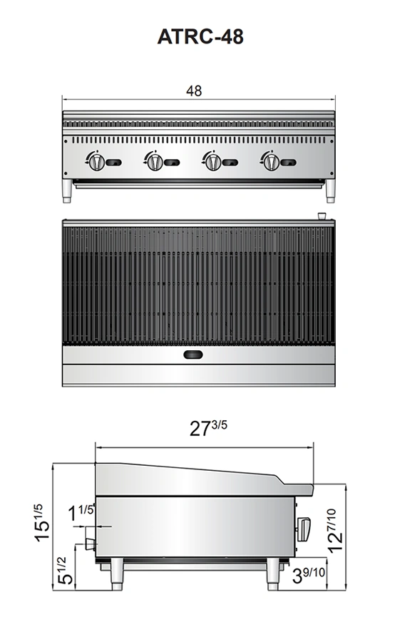 ATRC 48 diagrama Asador Industrial ATRC-48 de Atosa. Fabricado en Acero inoxidable tipo 430, A Gas, con 4 parrillas reversibles y 4 secciones de 12". Quemadores de acero inoxidable de 35,000 B.T.U. con piloto de espera. 1 charola para recolección de grasa y limpieza fácil. Medidas exteriores totales: Frente: 1.21 m Alto: 0.38 m. Fondo: 0.68 m   Regresar a Asadores Industriales  