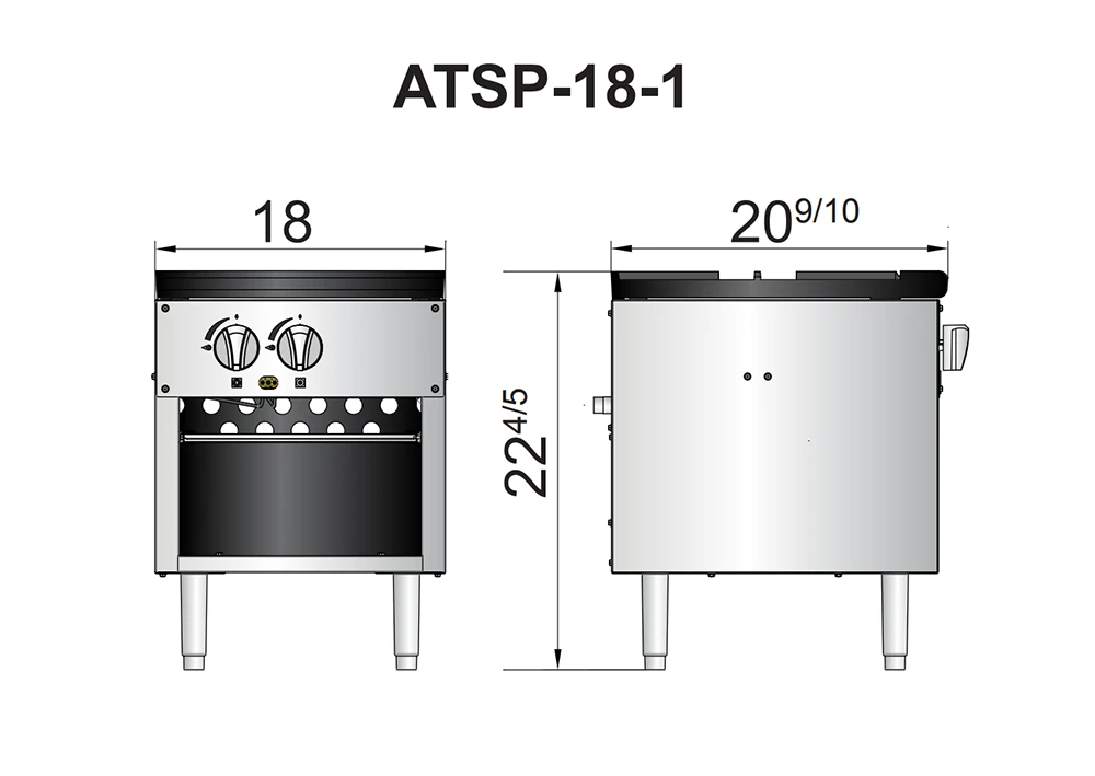 ATSP 18 1 diagrama El Estufon Individual ATSP-18-1 de Atosa con gabinete fabricado en acero inoxidable. Su funcionamiento es a Gas y cuenta con una Sección con 2 Quemadores Concéntricos. El Estufon también llamado Fogón, es un equipo básico en toda cocina industrial cuando se trabaja con ollas grandes y altas.  Ya que debido a su baja altura y amplia superficie, puede recibir ollas y cacerolas de amplio tamaño para uso industrial y alto volumen. Quemadores y parrillas superiores de hierro fundido. Bandeja de goteo de acero inoxidable extraíble de ancho completo para facilitar la limpieza. Medidas exteriores totales: Frente: 0.45 m Alto: 0.57 m Fondo: 0.53 m Regresar a Estufones