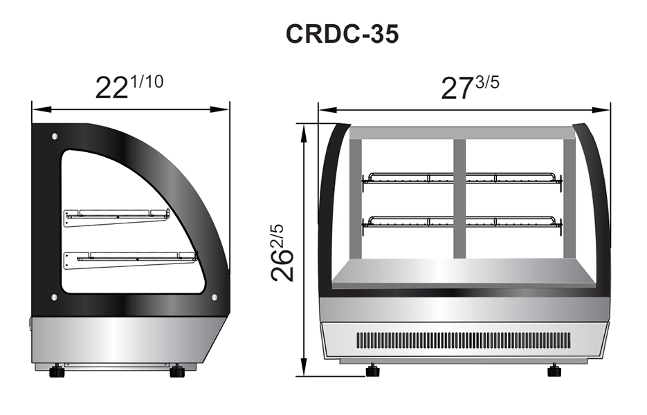 CRDC 35 diagrama Vitrina Refrigerada Curva de Mostrador CRDC-35. Máxima exhibición en espacios reducidos con capacidad de 99 lts. Exterior e interior de acero inoxidable con marcos negros. Compresor de montaje trasero con refrigerante ecológico R290. Temperatura ajustable de 0 a 5°C Voltaje 115 V/ 60 HZ / 2 A Capacidad compresor 1/5 HP Medidas: 0.70 x 0.67 x 0.56 m (frente x alto x fondo). Regresar a Vitrinas de Mostrador