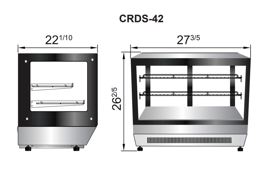 CRDS 42 diagrama Vitrina Refrigerada Cuadrada de Mostrador CRDS-42. Máxima exhibición en espacios reducidos con capacidad de 118 lts. Exterior e interior de acero inoxidable con marcos negros. Compresor de montaje trasero con refrigerante ecológico R290. Capacidad compresor 1/5 HP Temperatura ajustable de 0 a 5°C Voltaje 115 V/ 60 HZ / 2 A Medidas: 0.70 x 0.67 x 0.56 m (frente x alto x fondo). Regresar a Vitrinas de Mostrador