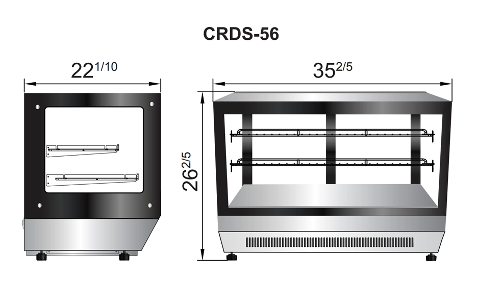CRDS 56 diagrama Vitrina Refrigerada Cuadrada de Mostrador CRDS-56. Máxima exhibición en espacios reducidos con capacidad de 158 lts. Exterior e interior de acero inoxidable con marcos negros. Compresor de montaje trasero con refrigerante ecológico R290. Capacidad compresor 1/5 HP Temperatura ajustable de 0 a 5°C Voltaje 115 V/ 60 HZ / 2 A Medidas: 0.90 x 0.67 x 0.56 m (frente x alto x fondo). Regresar a Vitrinas de Mostrador