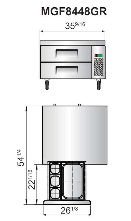 MGF8448GR diagrama La Base Chef Refrigerada MGF8448GR de Atosa le ofrece: Exterior e interior de acero inoxidable. Cacerolas de acero inoxidable incluidas. Regulador electrónico de temperatura. Compresor de alta resistencia con refrigerante ecológico R290. Empaques magnéticos para asegurar el sellado en el cierre. Encimera de acero inoxidable reforzado de una sola pieza para soportar los equipos de la encimera. Medidas: 0.90 x 0.67 x 0.83 m (frente x alto x fondo) Regresar a Bases Refrigeradas para Chef