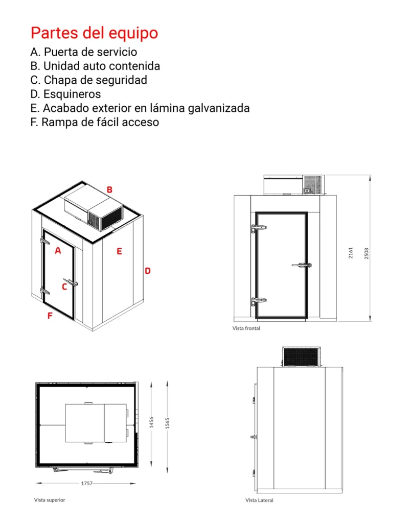 PREF 150 010 dimensiones Las Cámara de Refrigeración PREF-150-010, es el equipo ideal para todas sus necesidades de almacenamiento refigerado en su Restaurante. Con su gran insulación y capacidad de refrigeración, puede estar seguro que sus alimentos conservarán su estado fresco el máximo tiempo posible. Además cuenta con características como puerta con cierre automático y rampa de fácil acceso, lo cual le brinda una confianza al uso diario que le puede dar a esta cámara de refrigeración. 150 pies cúbicos de capacidad Puertas de servicio con acceso abatible Unidad autocontenida *Este producto se entrega desarmado. Su instalación y puesta en marcha no está incluida. Cada evento de instalación es única y requiere valorarse. Pregunte a nuestros agentes sobre su instalación. También puede ser instalada por un técnico en refrigeración de su confianza o localidad. Regresar a Cámaras Frías