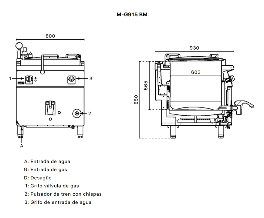 M G915BM dimensiones Las Marmitas son un equipo Imprescindible en toda Cocina Industrial y para producción de alto Volúmen. La Marmita a Gas de Baño María M-G915 BM le brinda: Construcción en acero inoxidable especial AISI-304 Fondo de cuba fabricado en acero inoxidable especial AISI-316-L Capacidad de 150 litros Cámara de Baño María con sistema de llenado automático al conectar la máquina. Tapa abatible y compensada. Quemador en acero inoxidable controlado por válvula de seguridad. Sistema de seguridad del Baño María que apaga el quemador en caso de falta de agua. Alimentación de agua fría y caliente por electroválvula. Grifos de llenado y control de la cámara Baño María. Grifo frontal para vaciado de la tina.   *Revise detalles e instrucciones de instalación en la pestaña de Características más abajo. Regresar a Marmitas Industriales
