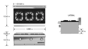 PCH 3 petit dimensiones Parrilla PCH-3 PETIT. Fabricada en Acero Inoxidable tipo 430. A Gas con 3 Quemadores y 3 Parrillas en Hierro gris y 3 cubiertas Semi-selladas. Parrilla a gas, con 3 quemadores de 24,000 BTU/hr 3 parrillas en hierro gris y 3 cubiertas semi-selladas 1 charola para recolección de escurrimientos Medidas exteriores totales: Frente: 0.88 m Fondo: 0.59 m Alto: 0.48 m Regresar a Parrillas Industriales